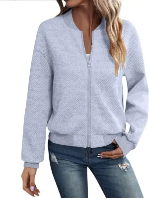 Lightweight Jacket Women Full Zip Bomber Jacket Soft Long Sleeve Zip Up Outwear Crew Neck Sweatshirt Coat Dressy Casual