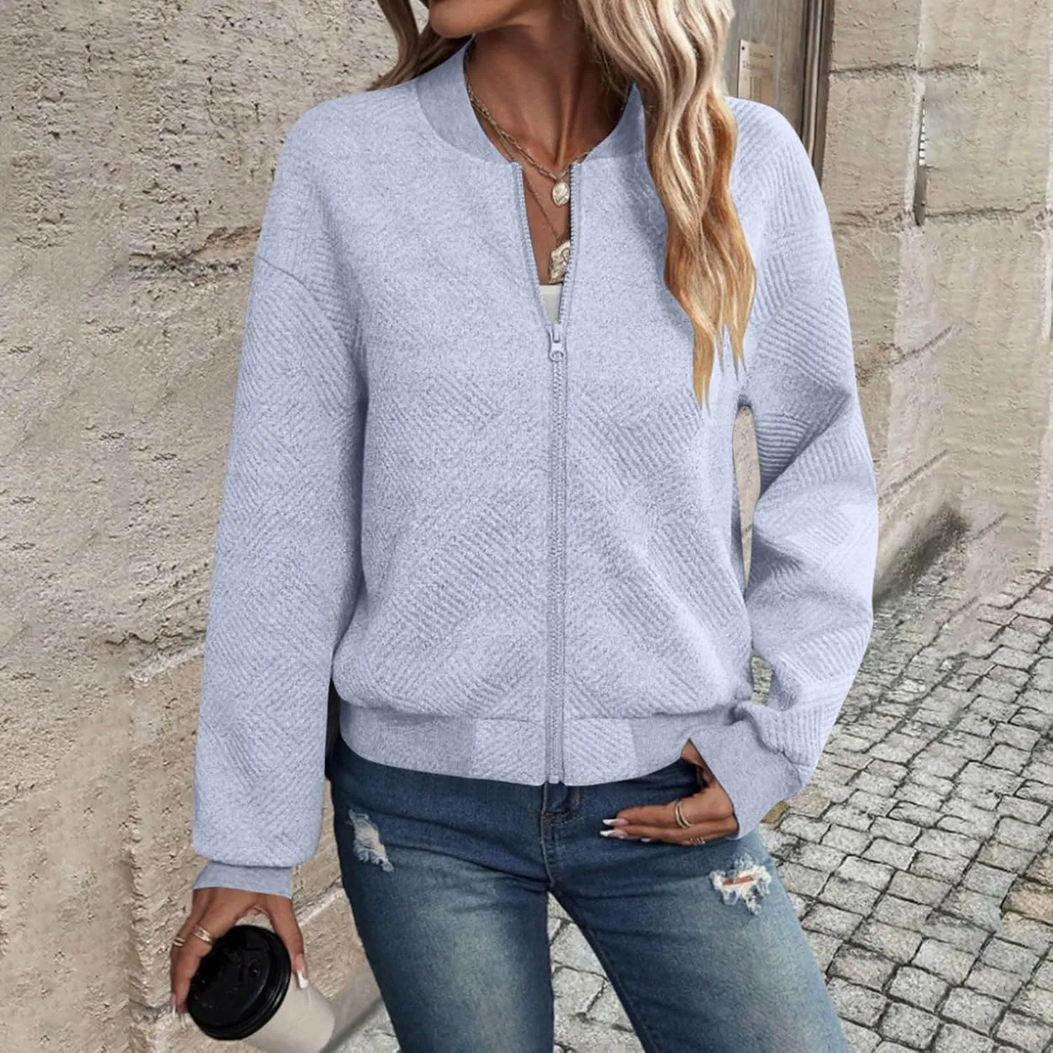 Lightweight Jacket Women Full Zip Bomber Jacket Soft Long Sleeve Zip Up Outwear Crew Neck Sweatshirt Coat Dressy Casual