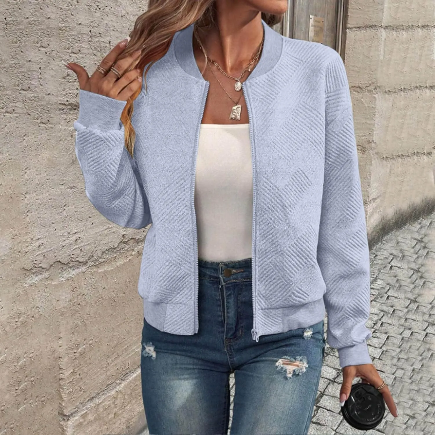 Lightweight Jacket Women Full Zip Bomber Jacket Soft Long Sleeve Zip Up Outwear Crew Neck Sweatshirt Coat Dressy Casual
