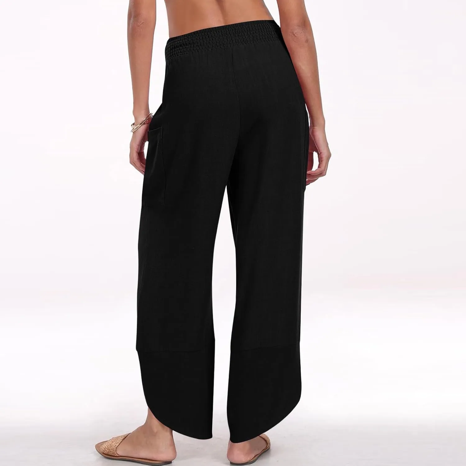 Linen Capri Pants for Women Casual Summer Elastic Waist Cropped Pants Loose Ankle Length Palazzo Trousers with Pockets