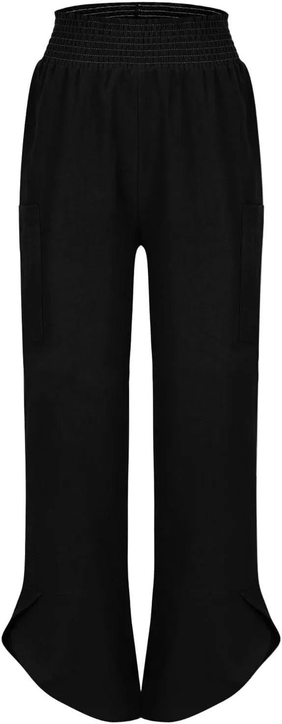 Linen Capri Pants for Women Casual Summer Elastic Waist Cropped Pants Loose Ankle Length Palazzo Trousers with Pockets