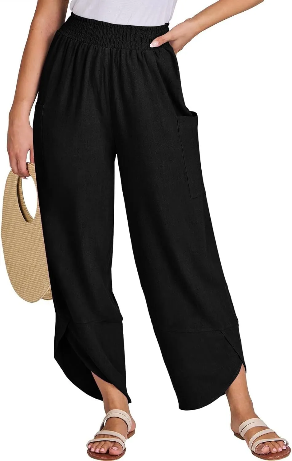 Linen Capri Pants for Women Casual Summer Elastic Waist Cropped Pants Loose Ankle Length Palazzo Trousers with Pockets