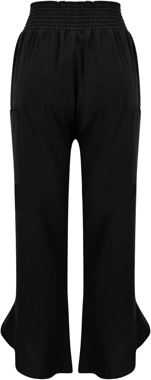Linen Capri Pants for Women Casual Summer Elastic Waist Cropped Pants Loose Ankle Length Palazzo Trousers with Pockets