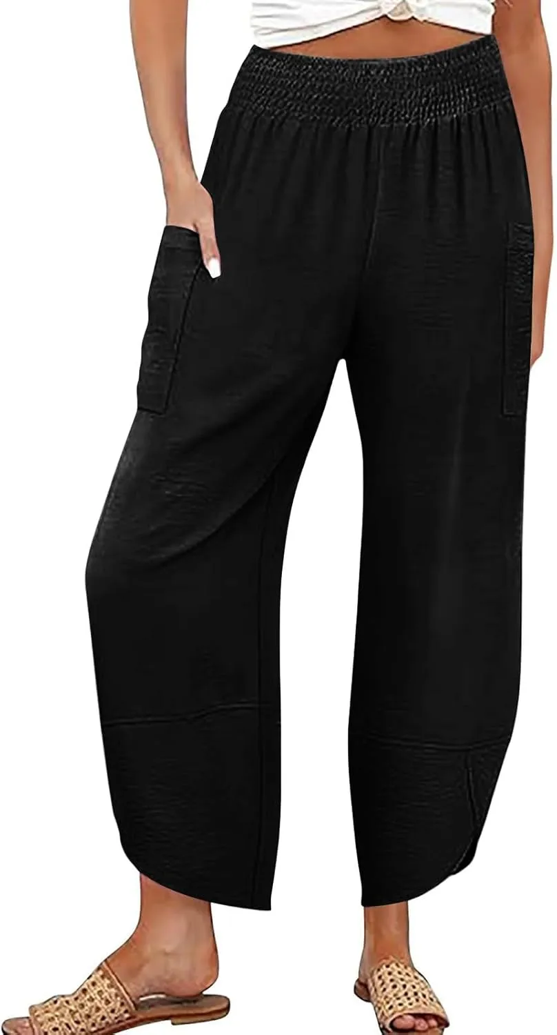 Linen Capri Pants for Women Casual Summer Elastic Waist Cropped Pants Loose Ankle Length Palazzo Trousers with Pockets