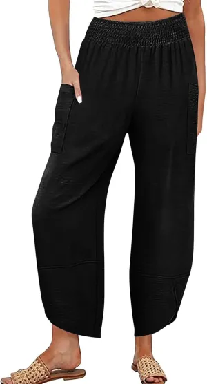 Linen Capri Pants for Women Casual Summer Elastic Waist Cropped Pants Loose Ankle Length Palazzo Trousers with Pockets