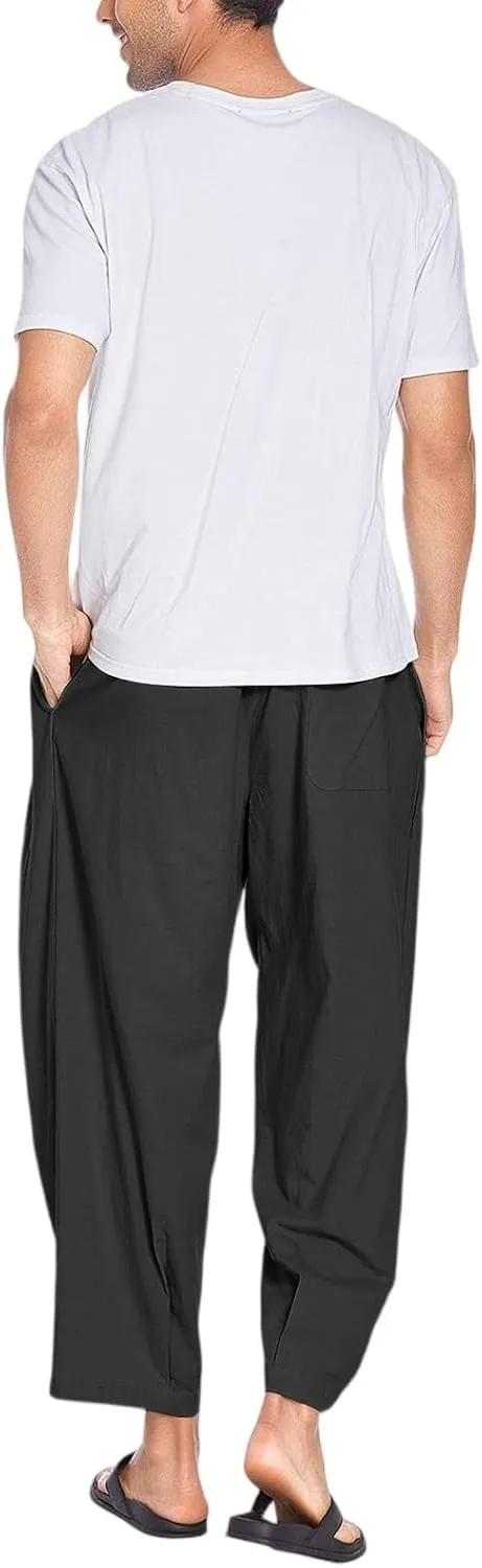 Linen Harem Pants Men Elastic Waist Flowy Beach Pants Lightweight Casual Summer Baggy Joggers Trousers with Pockets