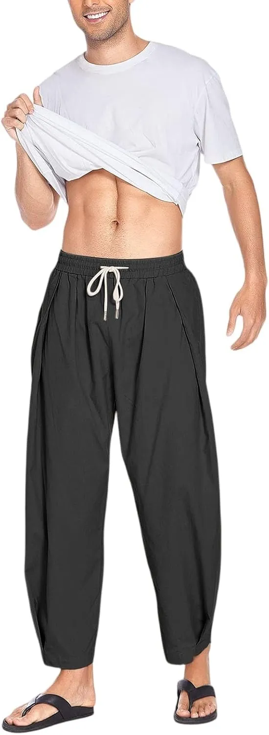 Linen Harem Pants Men Elastic Waist Flowy Beach Pants Lightweight Casual Summer Baggy Joggers Trousers with Pockets