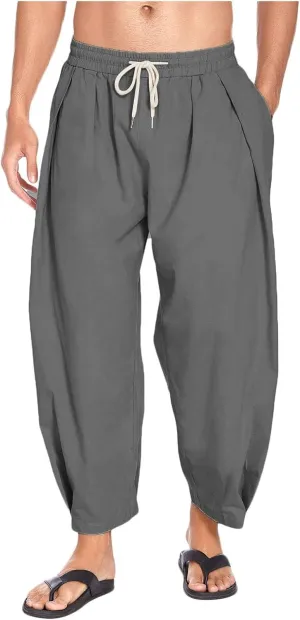 Linen Harem Pants Men Elastic Waist Flowy Beach Pants Lightweight Casual Summer Baggy Joggers Trousers with Pockets