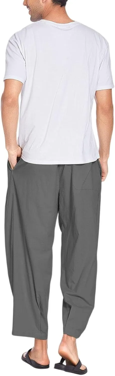 Linen Harem Pants Men Elastic Waist Flowy Beach Pants Lightweight Casual Summer Baggy Joggers Trousers with Pockets