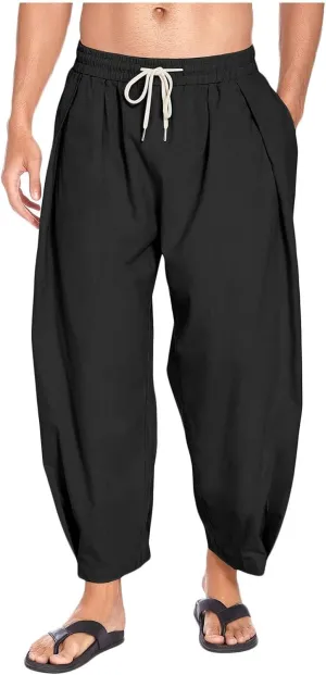 Linen Harem Pants Men Elastic Waist Flowy Beach Pants Lightweight Casual Summer Baggy Joggers Trousers with Pockets