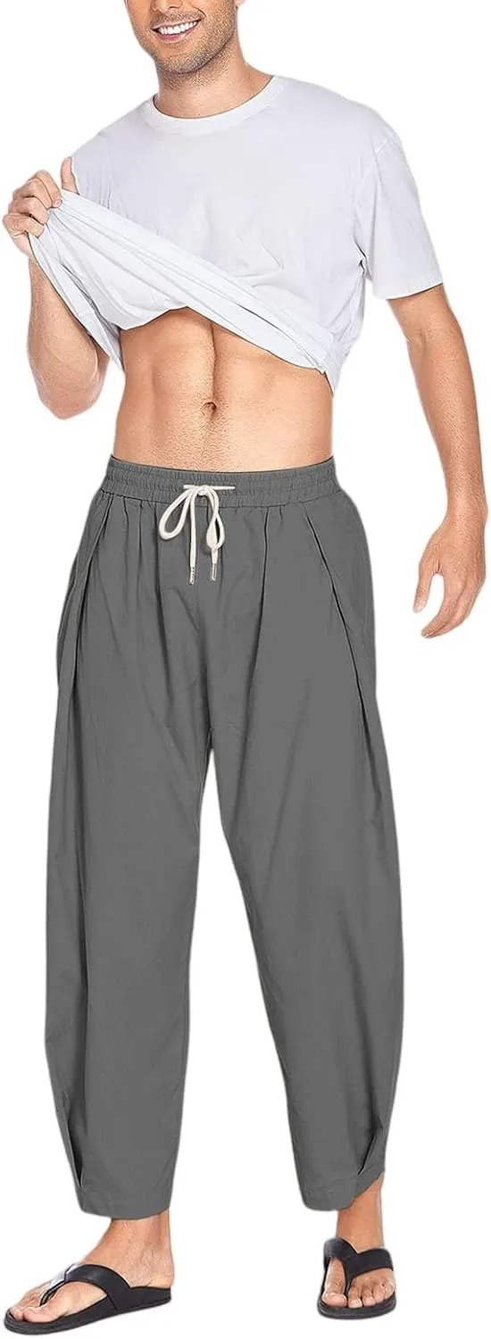 Linen Harem Pants Men Elastic Waist Flowy Beach Pants Lightweight Casual Summer Baggy Joggers Trousers with Pockets