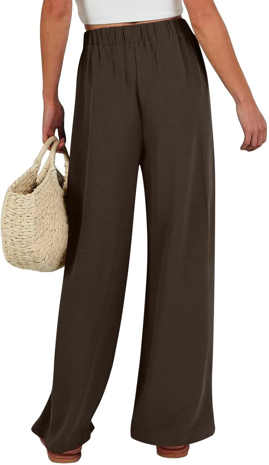 Linen Palazzo Pants for Women Flowy Wide Leg High Waist Drawstring Elastic Trousers with Pockets Lounge Baggy Pant