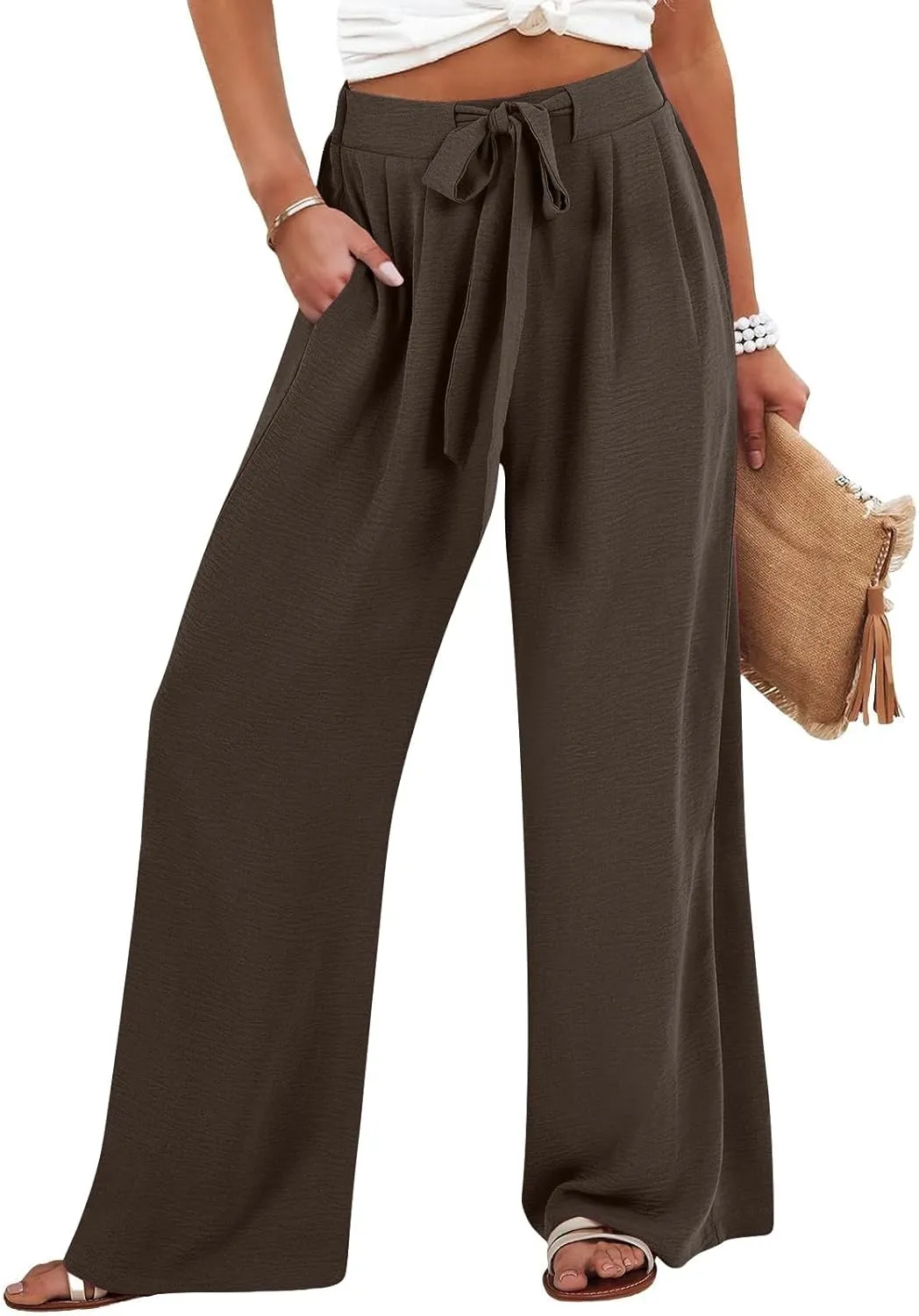 Linen Palazzo Pants for Women Flowy Wide Leg High Waist Drawstring Elastic Trousers with Pockets Lounge Baggy Pant