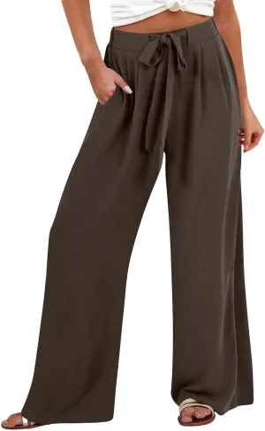 Linen Palazzo Pants for Women Flowy Wide Leg High Waist Drawstring Elastic Trousers with Pockets Lounge Baggy Pant