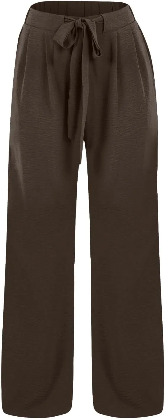 Linen Palazzo Pants for Women Flowy Wide Leg High Waist Drawstring Elastic Trousers with Pockets Lounge Baggy Pant