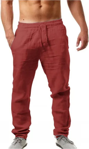 Linen Pants for Men Beach Casual Drawstring Elastic Waist Beach Yoga Pants Summer Lightweight Trousers with Pockets