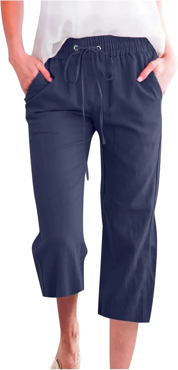 Linen Pants for Women 2025 Summer Capri Pant Trendy Drawstring Elastic Waist Cropped Trouser Comy Cotton Pants