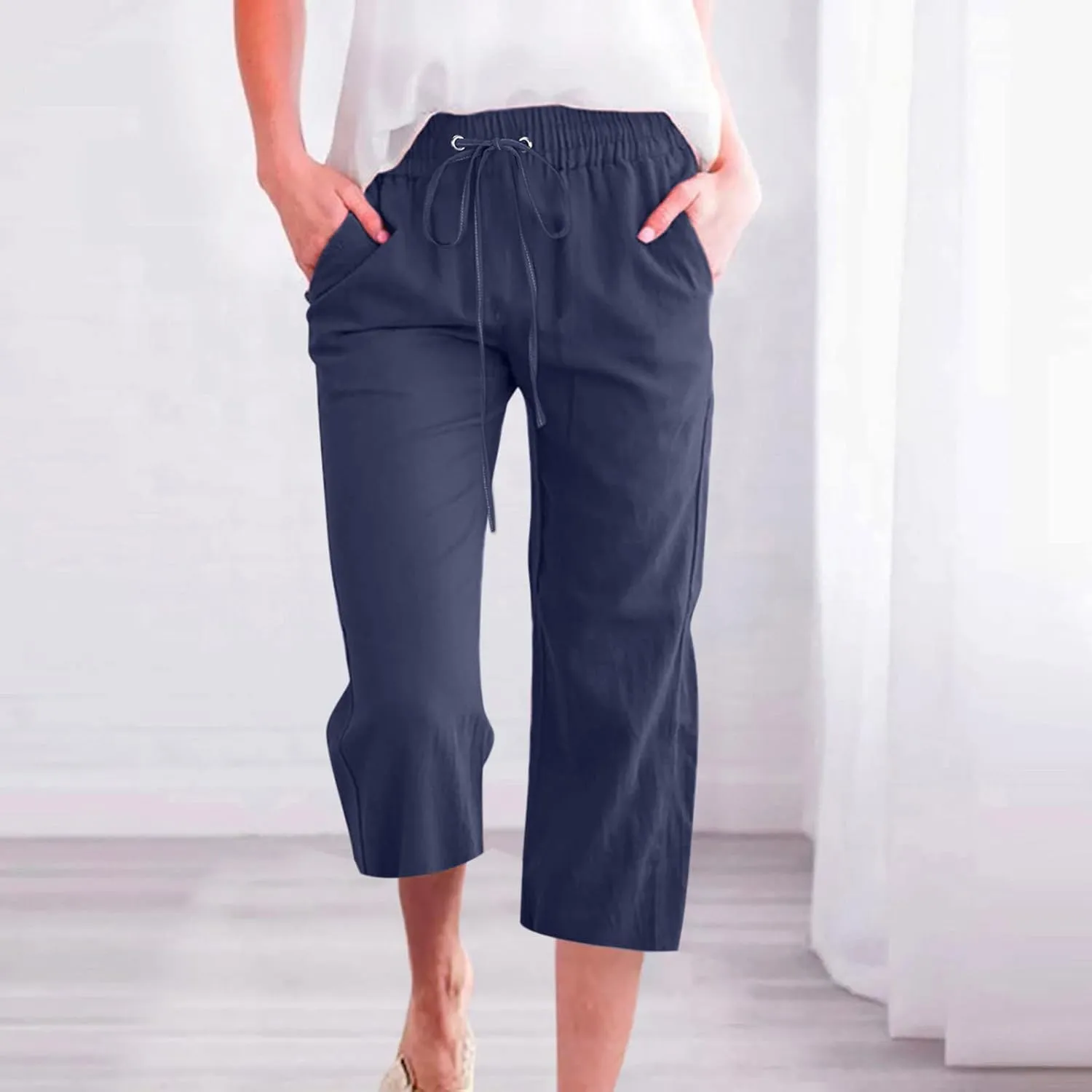 Linen Pants for Women 2025 Summer Capri Pant Trendy Drawstring Elastic Waist Cropped Trouser Comy Cotton Pants