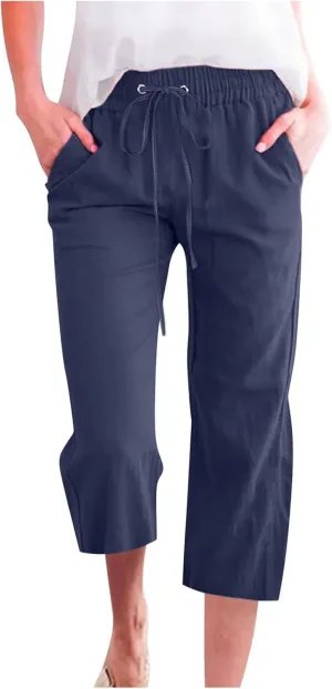 Linen Pants for Women 2025 Summer Capri Pant Trendy Drawstring Elastic Waist Cropped Trouser Comy Cotton Pants