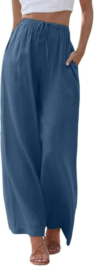 Linen Pants Women Cotton Linen Palazzo Flowy Pants Drawstring Elastic Waist Casual Wide Leg Trousers with Pockets