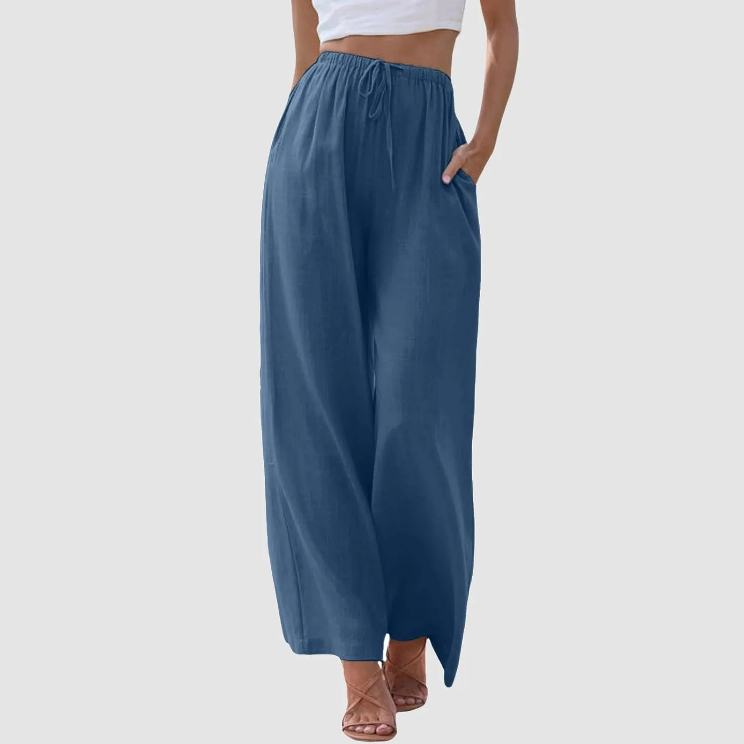 Linen Pants Women Cotton Linen Palazzo Flowy Pants Drawstring Elastic Waist Casual Wide Leg Trousers with Pockets