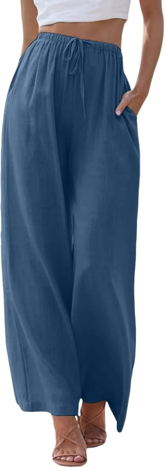 Linen Pants Women Cotton Linen Palazzo Flowy Pants Drawstring Elastic Waist Casual Wide Leg Trousers with Pockets