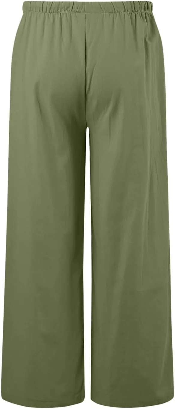 Linen Pants Women Cotton Linen Palazzo Flowy Pants Drawstring Elastic Waist Casual Wide Leg Trousers with Pockets