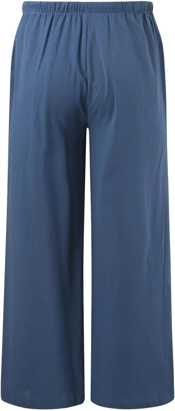 Linen Pants Women Cotton Linen Palazzo Flowy Pants Drawstring Elastic Waist Casual Wide Leg Trousers with Pockets