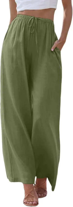 Linen Pants Women Cotton Linen Palazzo Flowy Pants Drawstring Elastic Waist Casual Wide Leg Trousers with Pockets