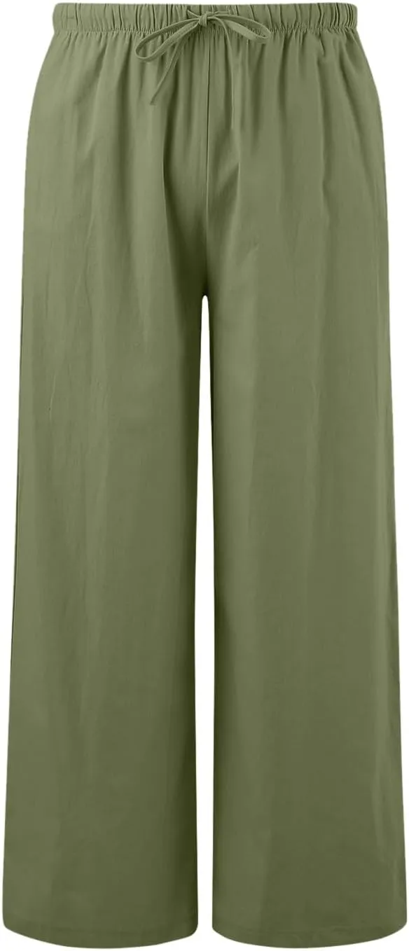 Linen Pants Women Cotton Linen Palazzo Flowy Pants Drawstring Elastic Waist Casual Wide Leg Trousers with Pockets