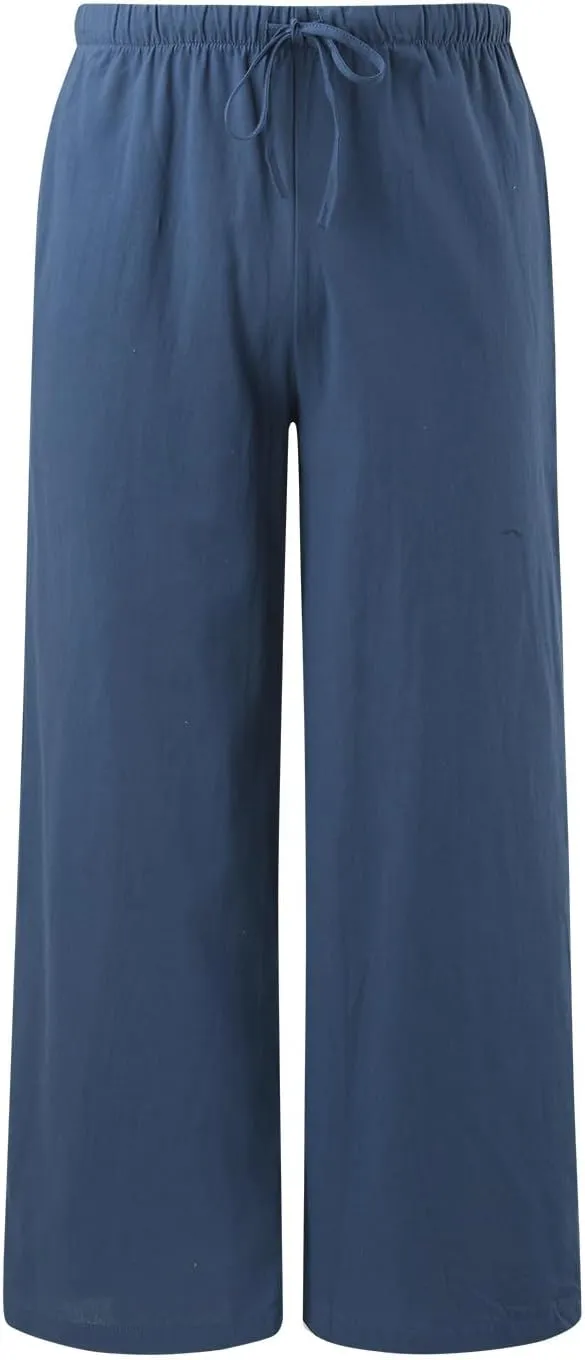 Linen Pants Women Cotton Linen Palazzo Flowy Pants Drawstring Elastic Waist Casual Wide Leg Trousers with Pockets