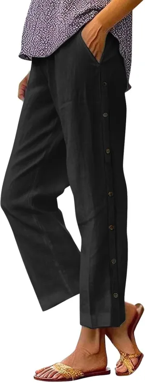 Linen Pants Women Lightweight Cotton Linend Summer Pants Casual Beach Elastic Waist Straight Trousers