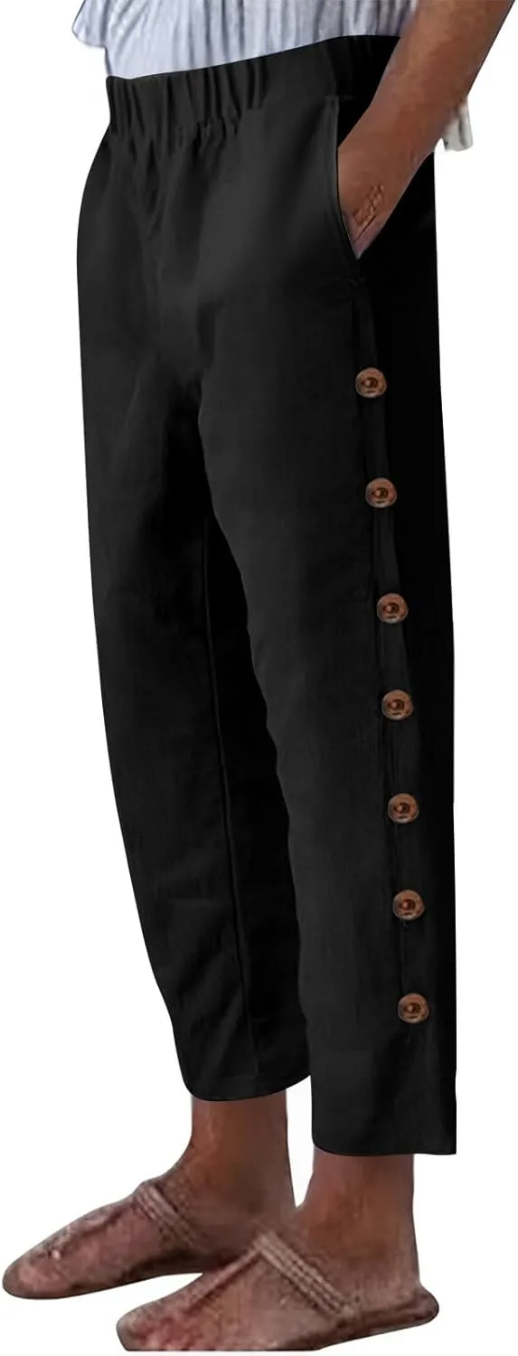 Linen Pants Women Lightweight Cotton Linend Summer Pants Casual Beach Elastic Waist Straight Trousers