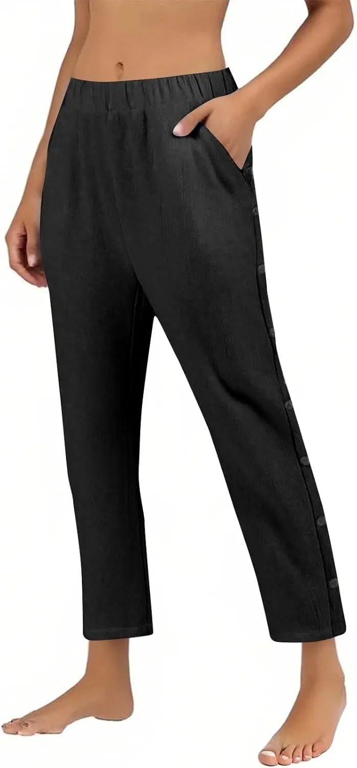 Linen Pants Women Lightweight Cotton Linend Summer Pants Casual Beach Elastic Waist Straight Trousers