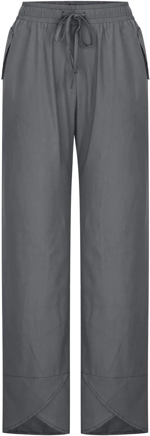 Linen Pants Women Summer Loose Fit Beach Palazzo Casual Plain Wide Leg Trousers Elastic Waist Beach Lounge Pants