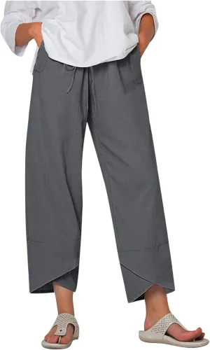 Linen Pants Women Summer Loose Fit Beach Palazzo Casual Plain Wide Leg Trousers Elastic Waist Beach Lounge Pants