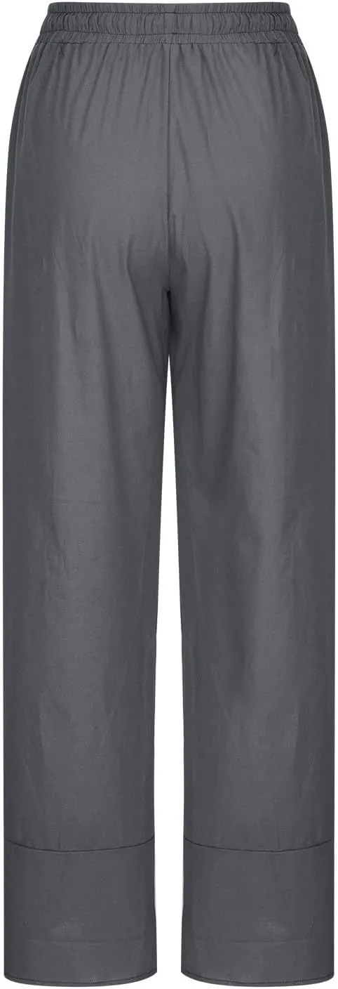 Linen Pants Women Summer Loose Fit Beach Palazzo Casual Plain Wide Leg Trousers Elastic Waist Beach Lounge Pants