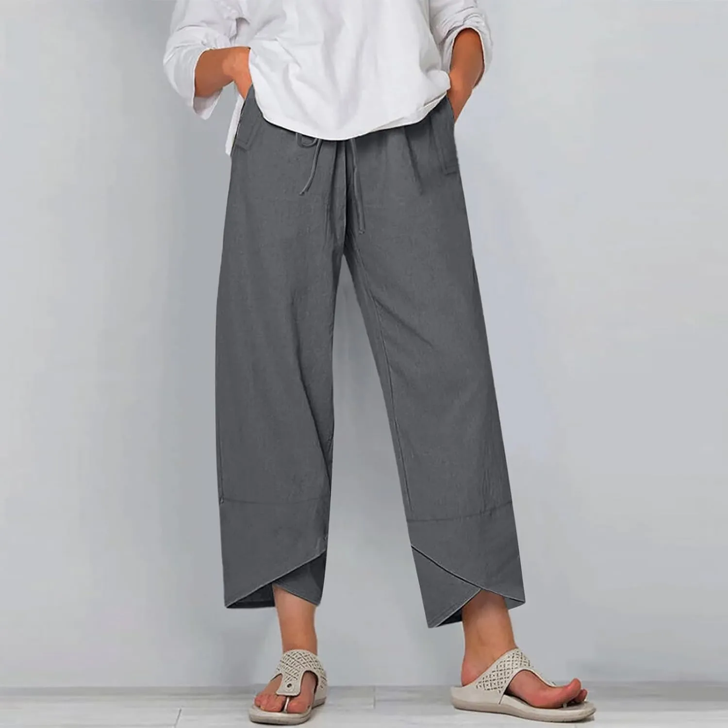 Linen Pants Women Summer Loose Fit Beach Palazzo Casual Plain Wide Leg Trousers Elastic Waist Beach Lounge Pants