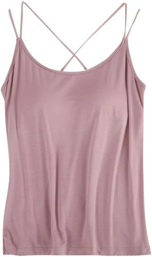Lingerie Camisole with Built in Bra for Women Criss Cross Spaghetti Strap Tank Top with Bra Soft Modal Cotton Camis