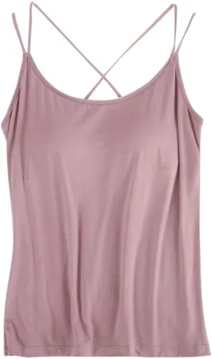 Lingerie Camisole with Built in Bra for Women Criss Cross Spaghetti Strap Tank Top with Bra Soft Modal Cotton Camis