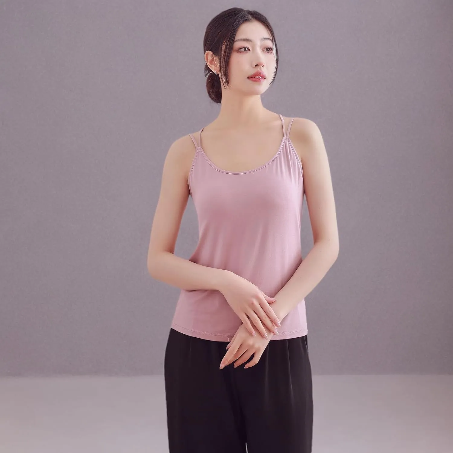 Lingerie Camisole with Built in Bra for Women Criss Cross Spaghetti Strap Tank Top with Bra Soft Modal Cotton Camis