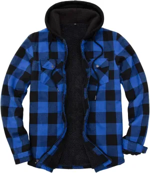 Lisskolo Men's Sherpa Flannel Jacket with Hood Plaid Zip Up Fleece Lined Hooded Shirt Jackets for Men