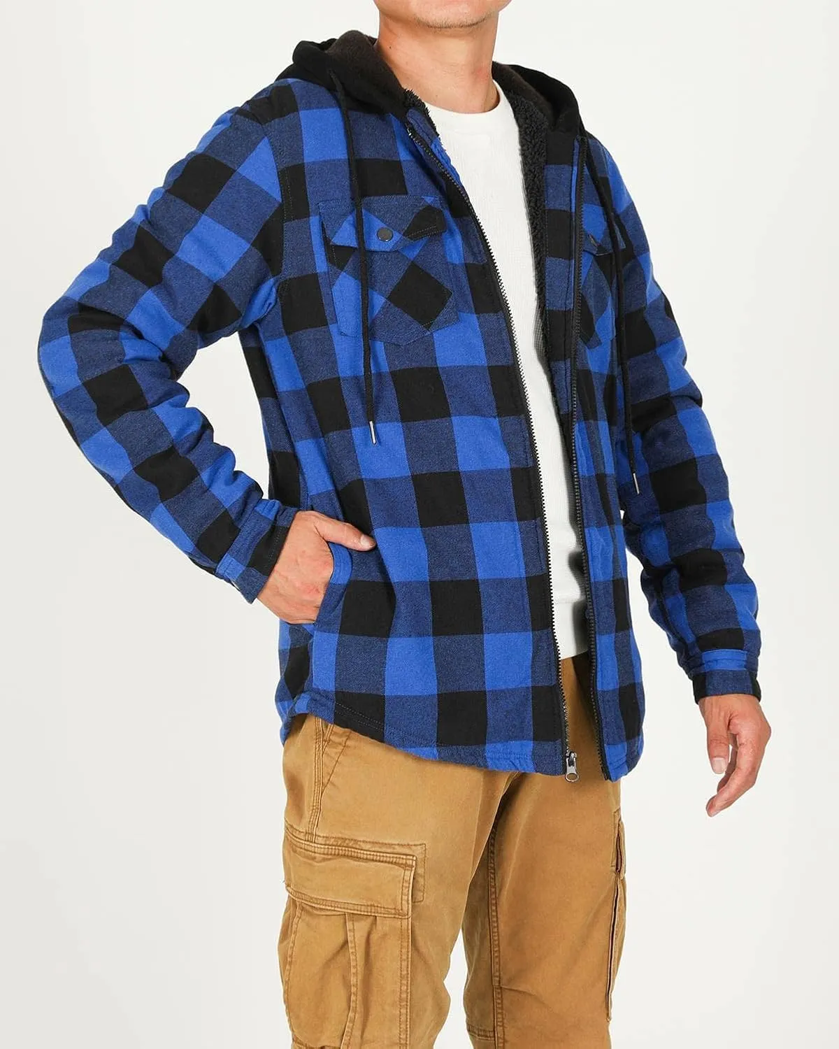 Lisskolo Men's Sherpa Flannel Jacket with Hood Plaid Zip Up Fleece Lined Hooded Shirt Jackets for Men