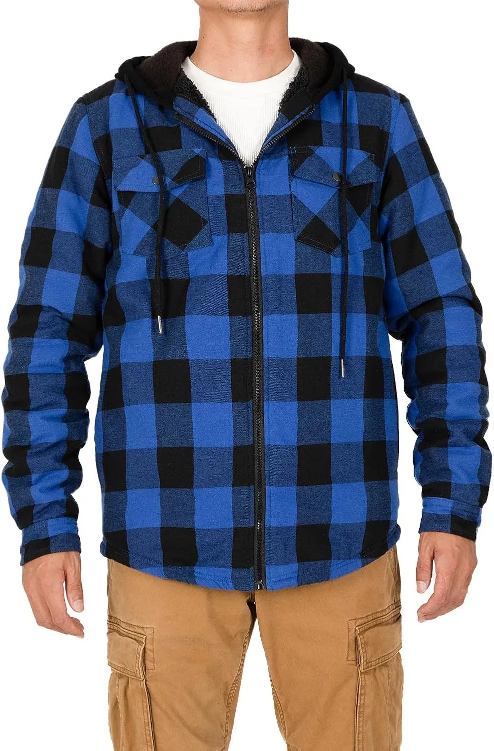 Lisskolo Men's Sherpa Flannel Jacket with Hood Plaid Zip Up Fleece Lined Hooded Shirt Jackets for Men