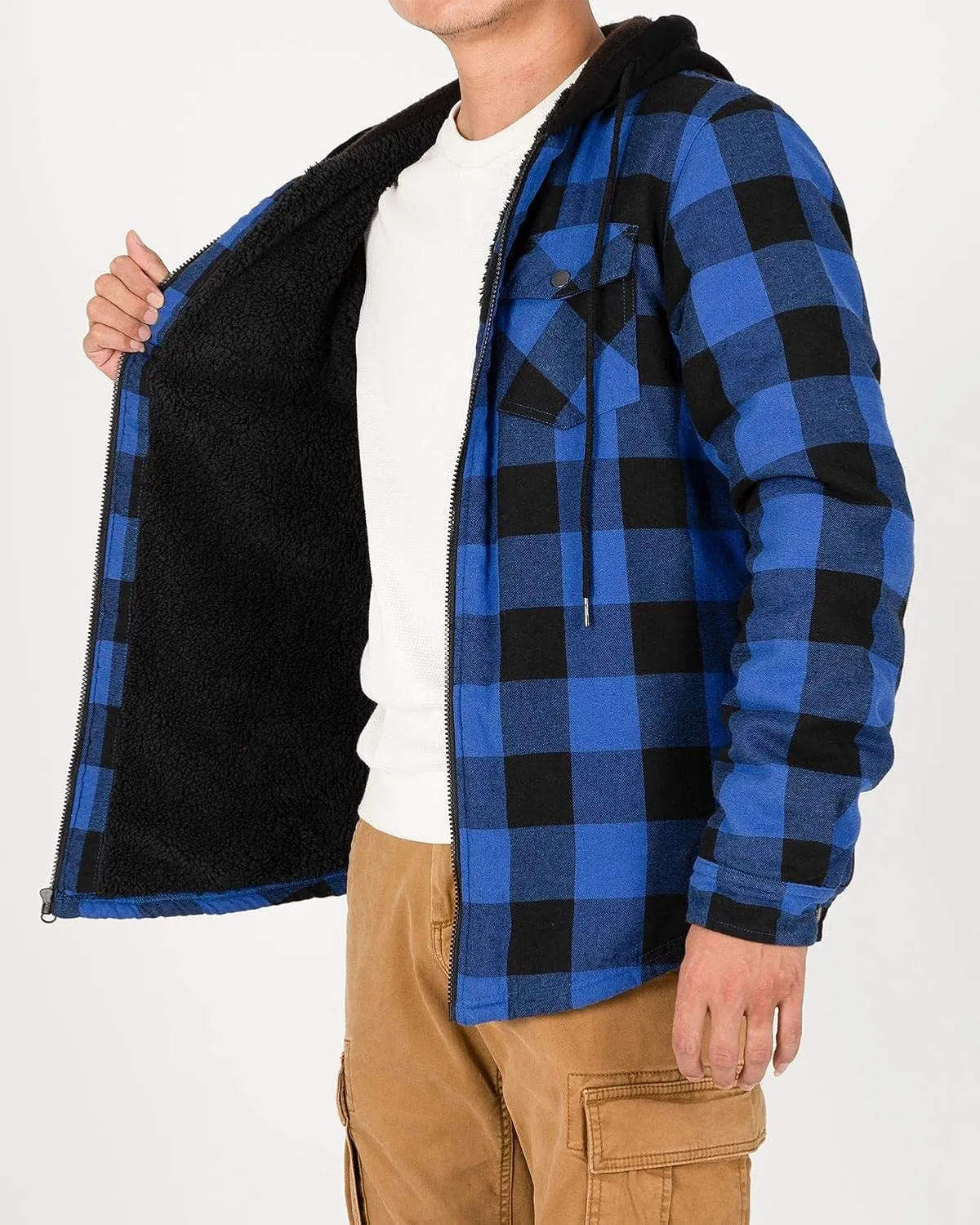 Lisskolo Men's Sherpa Flannel Jacket with Hood Plaid Zip Up Fleece Lined Hooded Shirt Jackets for Men