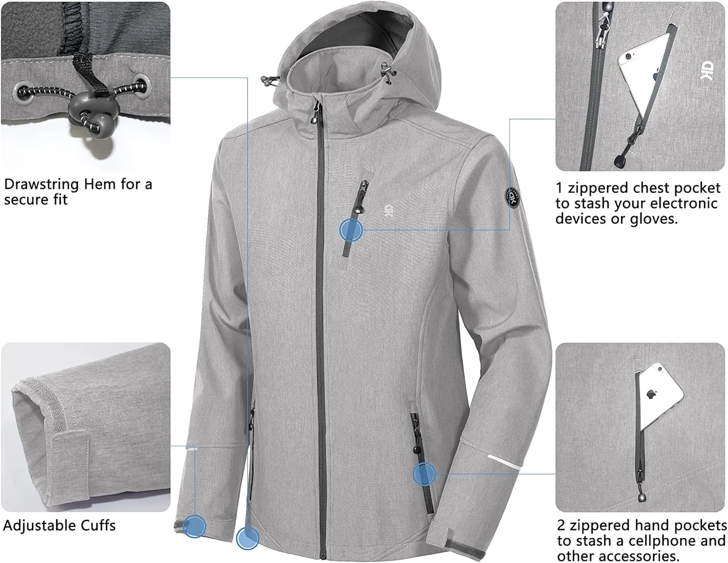 Little Donkey Andy Men's Softshell Jacket Ski Jacket with Removable Hood, Fleece Lined