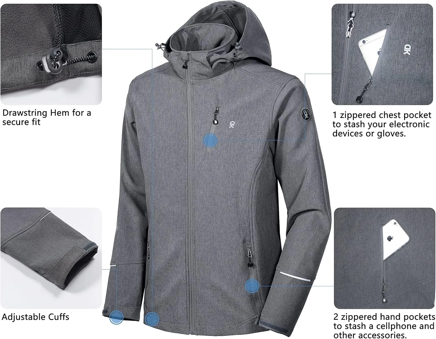 Little Donkey Andy Men's Softshell Jacket Ski Jacket with Removable Hood, Fleece Lined