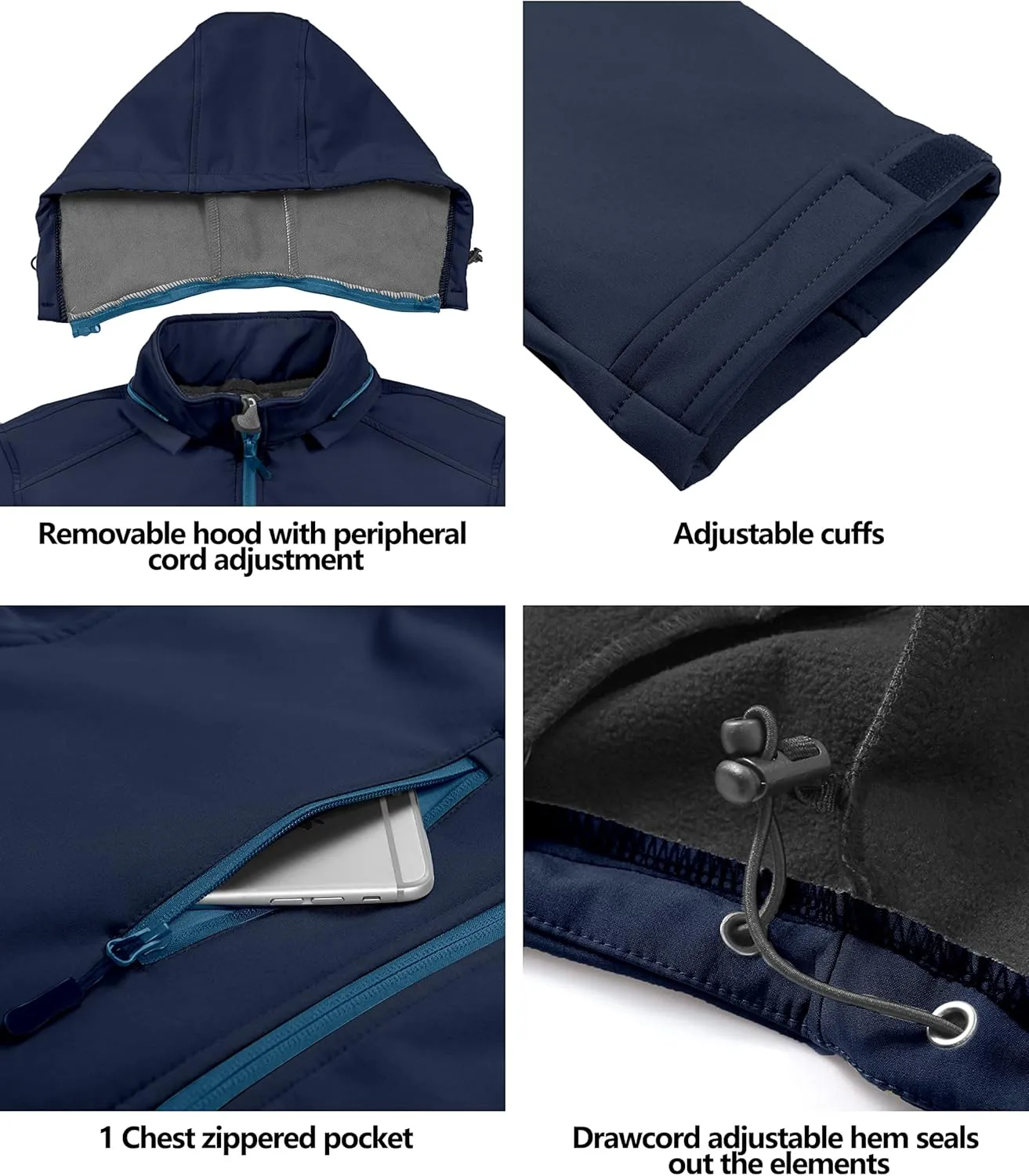 Little Donkey Andy Mens Softshell Jacket with Removable Hood, Fleece Lined