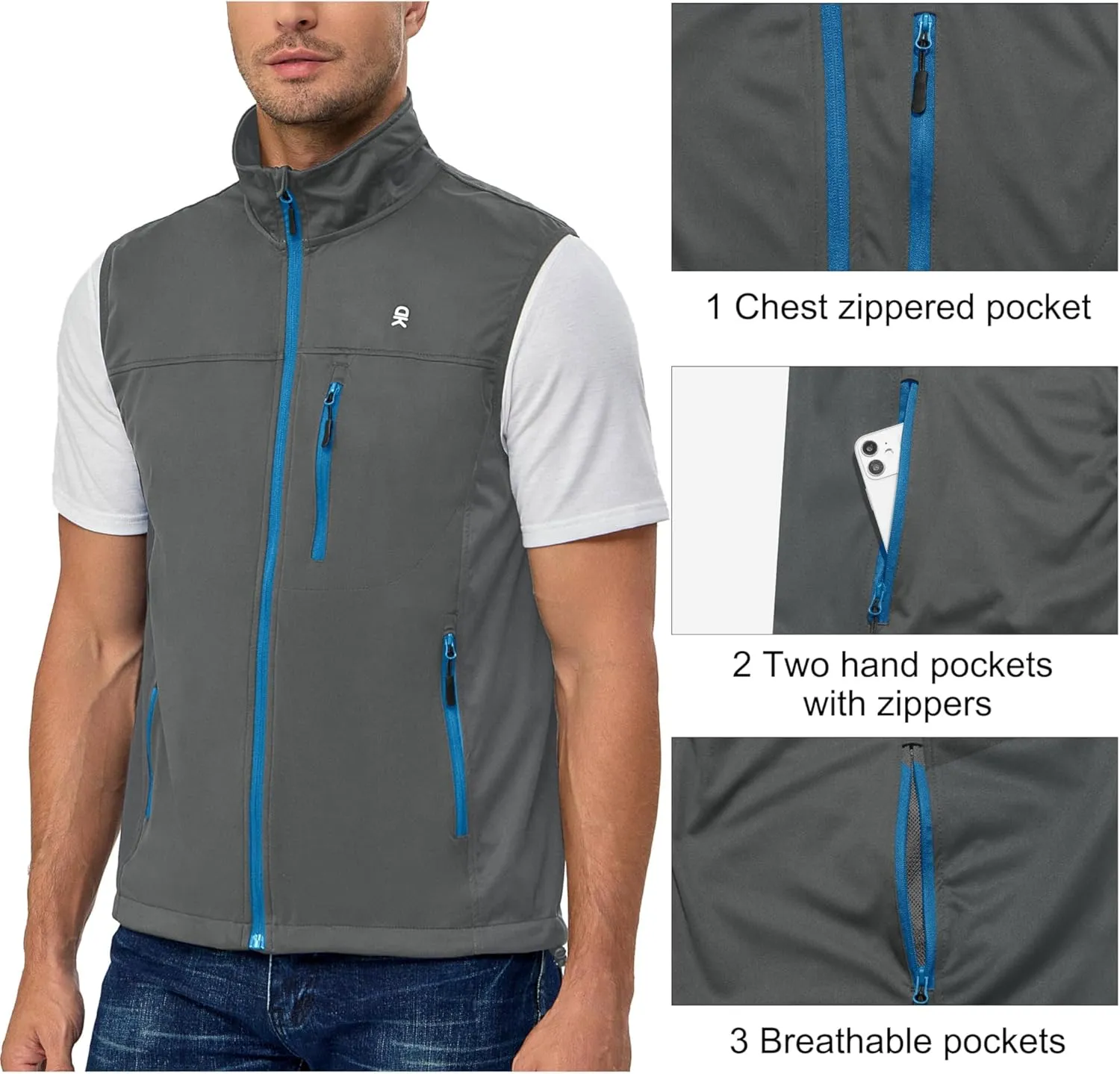 Little Donkey Andy Men's Softshell Vest, Lightweight Golf Vest Windproof Sleeveless Cycling Jacket for Running, Hiking