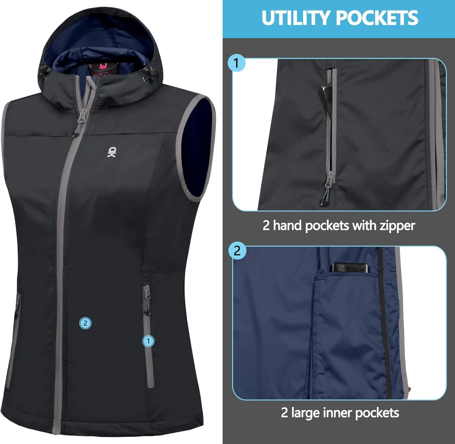 Little Donkey Andy Women's Lightweight Softshell Vest, Windproof Sleeveless Jacket for Running Hiking Travel
